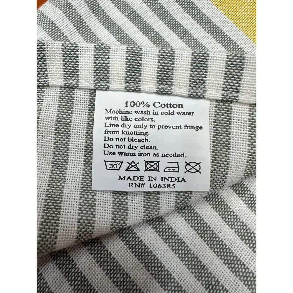 Set of 2 Cotton Kitchen Towels - White with Gray Stripes and Yellow Accent